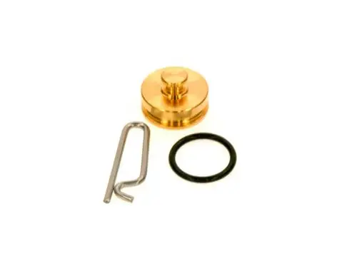Bosch Stopfen aus Metall, rund mit einer zentralen Schraube, neben einem Metallclip und einem schwarzen O-Ring auf weißem Hintergrund.
